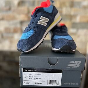 New Balance 574 Bungee Lace, size 10C, Blue/Yellow/Crimson Red